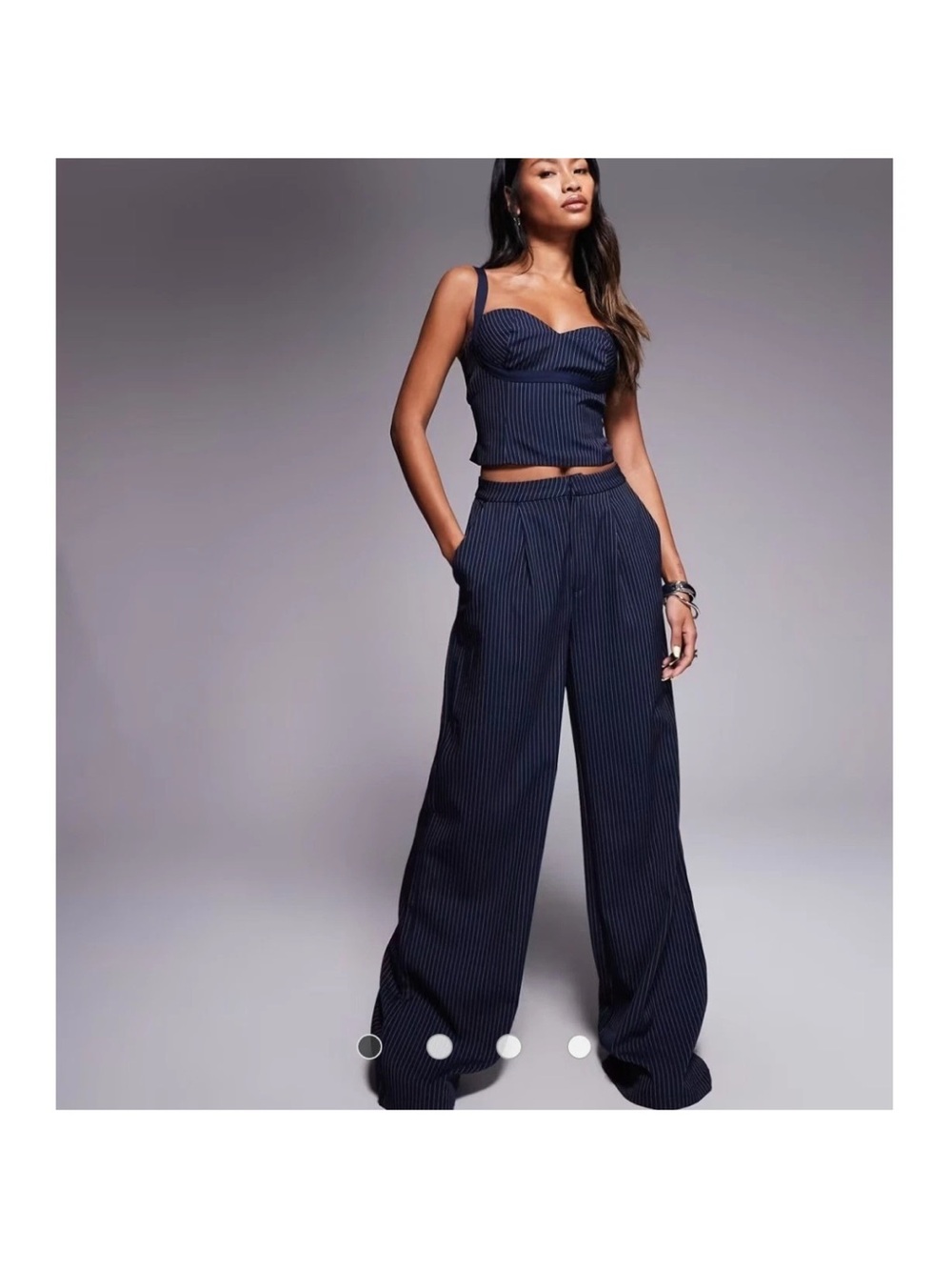 Polly Princess Lorena Pin Stripe Wide Leg High Waist Pleated Dress Pant Navy 4